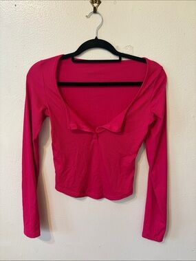 Women’s Long-Sleeve Pink Ribbed Henley Top